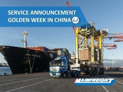 Service Announcement_Golden Week in China_Mainfreight Asia  - The Chinese Golden Week will be coming soon, is a week-long holiday from Oct 1st to Oct 7th to celebrate the founding of China. During the period of the golden week, it will affect the logistics related business. In order to make the sailing before Golden Week in China, please plan your shipping requirements expeditiously. If you have any questions please contact our Mainfreight local team directly.